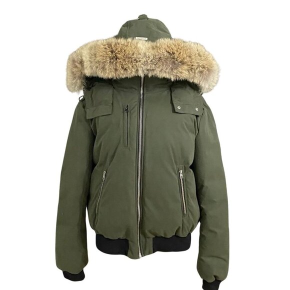 Soia & Kyo Jackets & Blazers - SOIA & KYO Women's Olive Green Black Zip Up Bomber Coat - REAL Fur Trim Hood - L